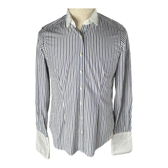 Emanuel Berg Paris Superfine Shirting Blue White Striped Dress Shirt US Size 10